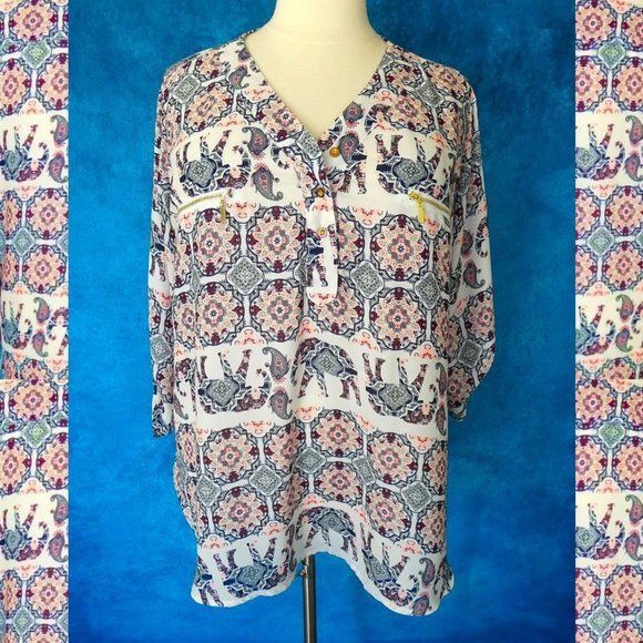 Rue + Boho Elephant Print Chiffon Blouse 3X - Picture 8 of 9